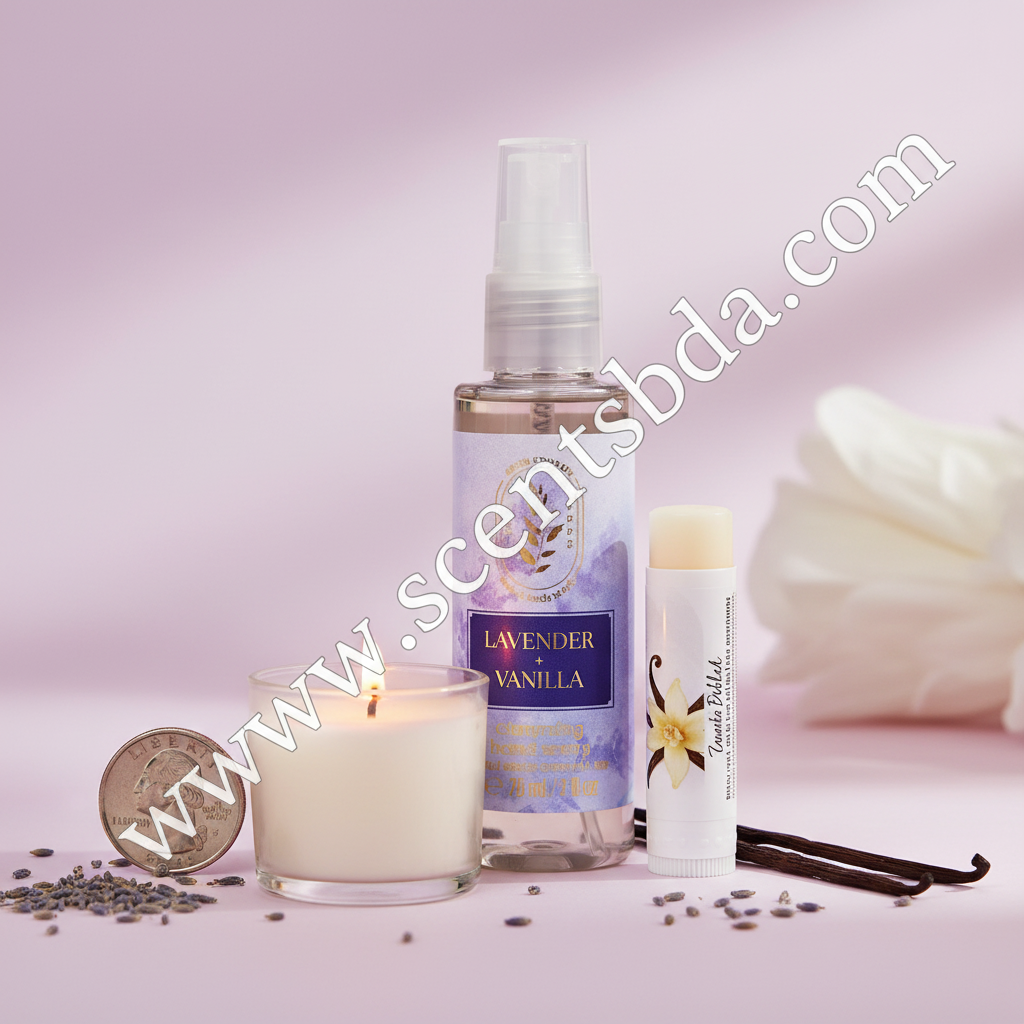 Lavender Vanilla 1 fl oz Hand Sanitizer shown next to everyday items for size reference