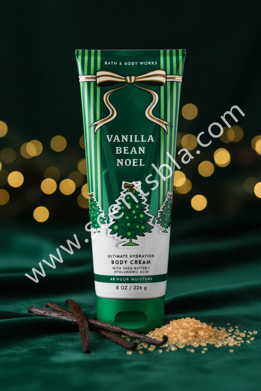 Vanilla Bean Noel Body Cream – Dark Green Velvet & Gold Bokeh Background