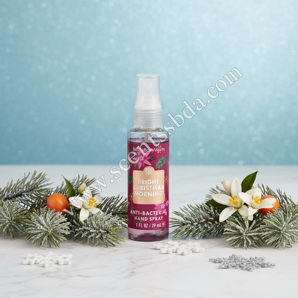 Bright Christmas Morning 1 fl oz Hand Sanitizer on white marble with pine, silver snowflakes and citrus blossoms