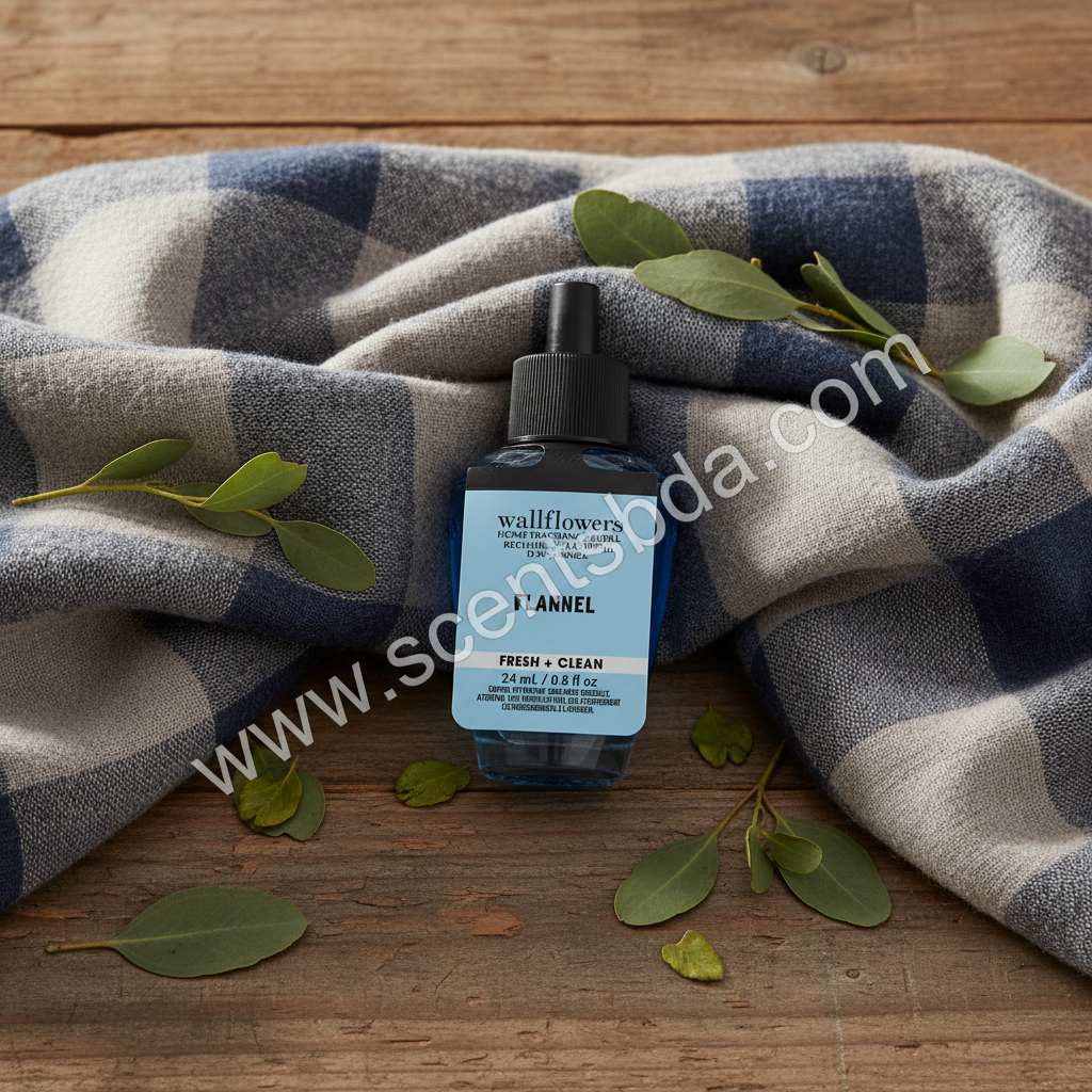 Flannel Wallflower Refill on rustic wood with eucalyptus and flannel fabric