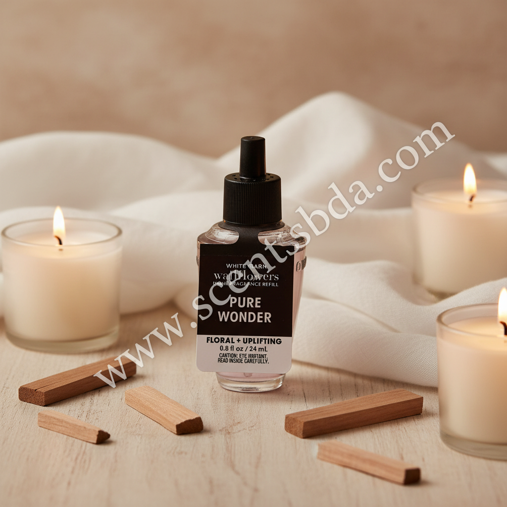 Pure Wonder Wallflower Refill on natural wood with sandalwood pieces, candles and white cotton fabric
