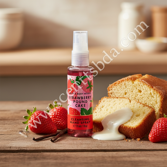 Strawberry Pound Cake 1 fl oz Hand Sanitizer with fresh strawberries and pound cake on rustic wood