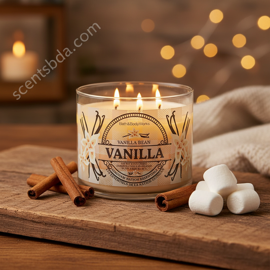 Vanilla Bean candle cozy lifestyle shot with cinnamon sticks and marshmallows with scentsbda.com watermark