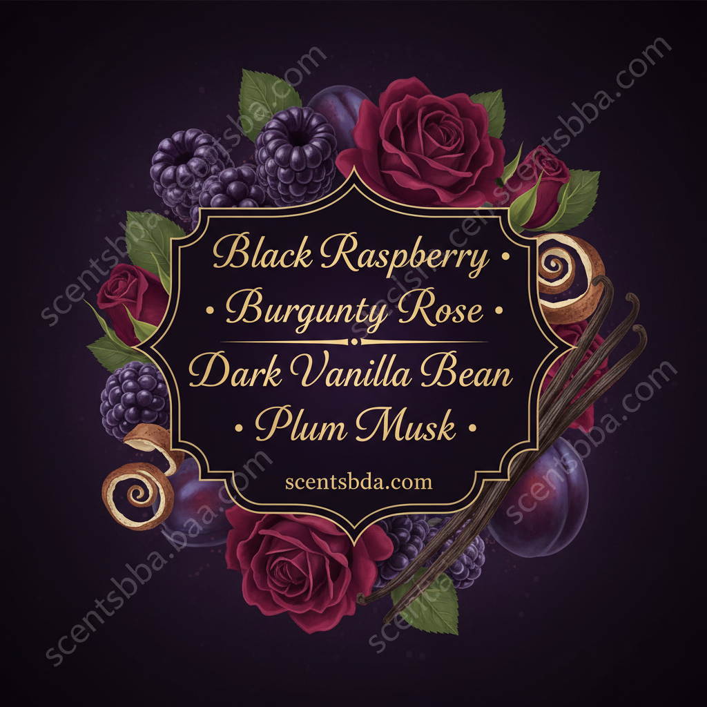 Dark Kiss scent notes graphic with scentsbda.com watermark