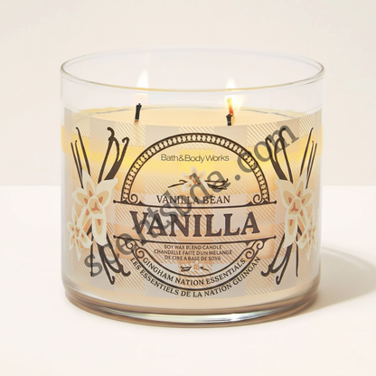 Vanilla Bean candle minimalist white background with scentsbda.com watermark