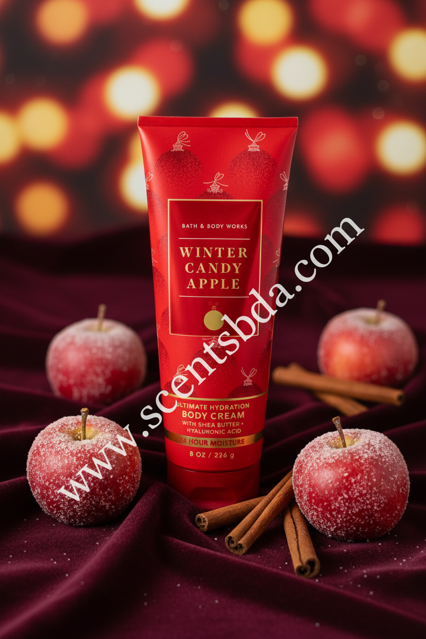 Winter Candy Apple Body Cream – Dark Velvet & Gold Bokeh Background