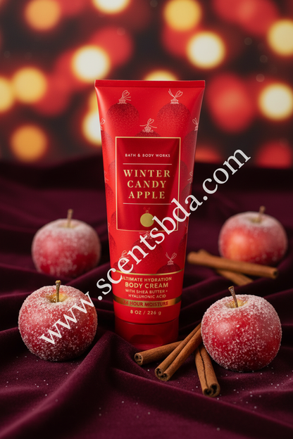 Winter Candy Apple Body Cream – Dark Velvet & Gold Bokeh Background