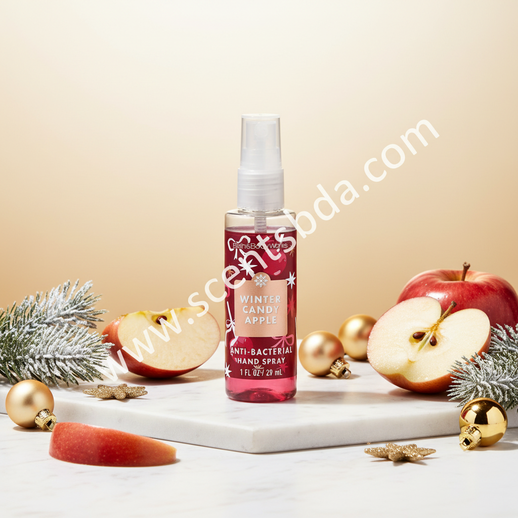 Winter Candy Apple 1 fl oz Hand Sanitizer on white marble with red apples, pine, and gold ornaments