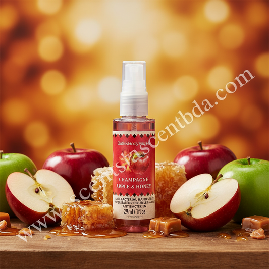Champagne Apple & Honey 1 fl oz Hand Sanitizer with apples, honeycomb and caramel on golden harvest background