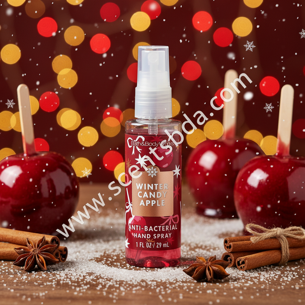 Winter Candy Apple 1 fl oz Hand Sanitizer with candy apples and cinnamon on festive holiday background