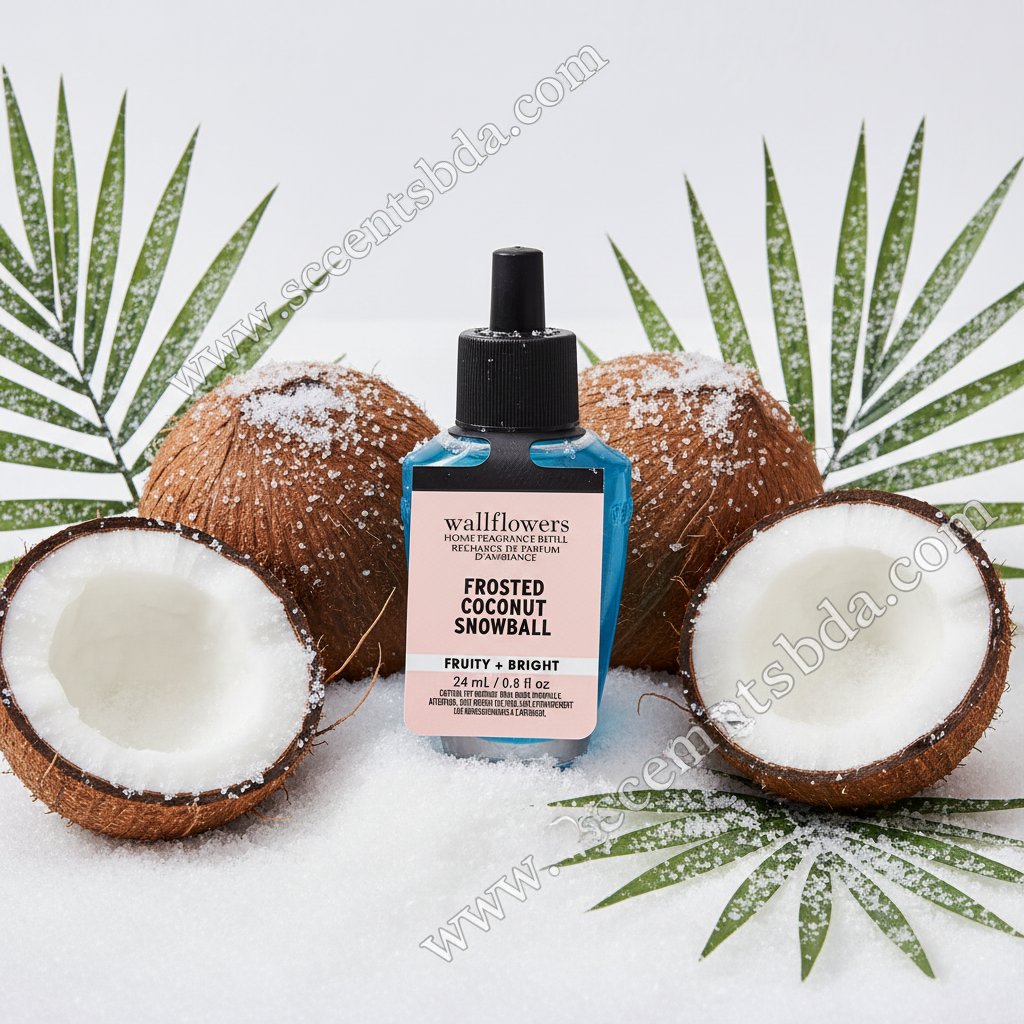 Frosted Coconut Snowball Wallflower Refill with coconut halves and frosted sugar on snowy surface