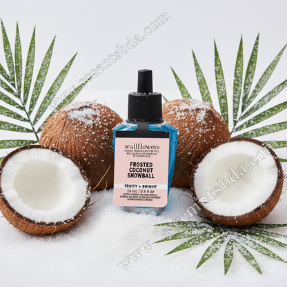 Frosted Coconut Snowball Wallflower Refill with coconut halves and frosted sugar on snowy surface