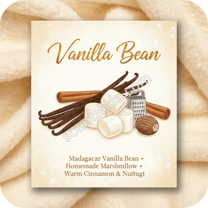 Vanilla Bean scent card featuring Madagascar vanilla bean, homemade marshmallow, warm cinnamon and nutmeg with scentsbda.com watermark