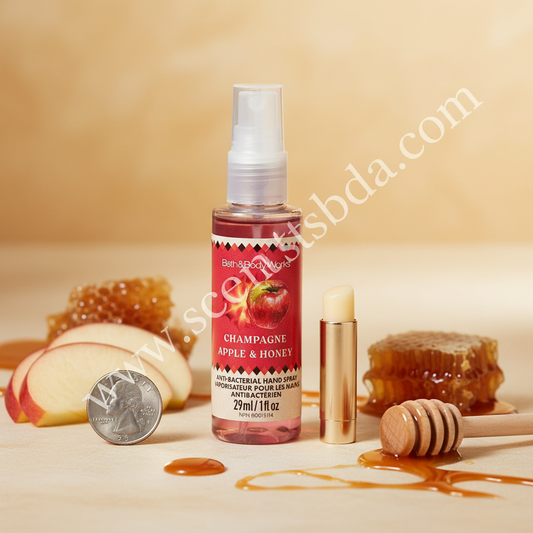 Champagne Apple & Honey 1 fl oz Hand Sanitizer shown next to everyday items for size reference